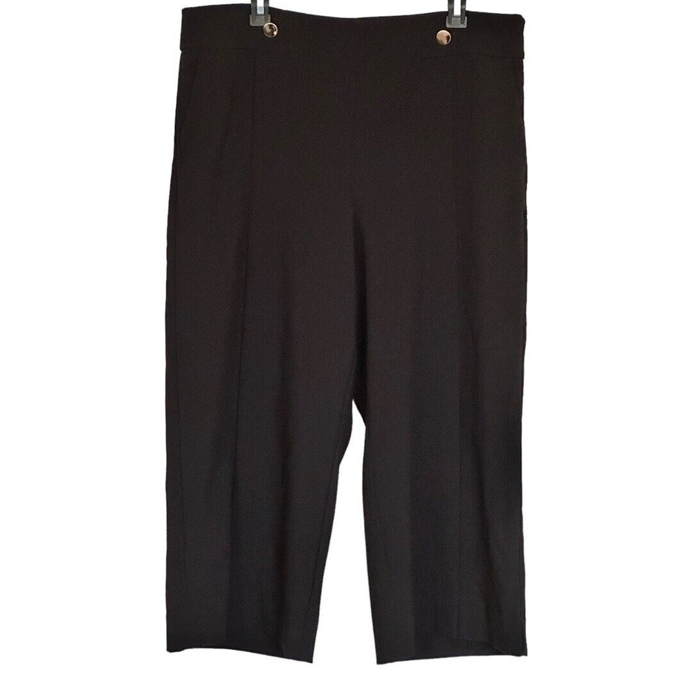 Loft Black Wide Leg pleated Cropped Dress career Pants SZ 14 gold button accent